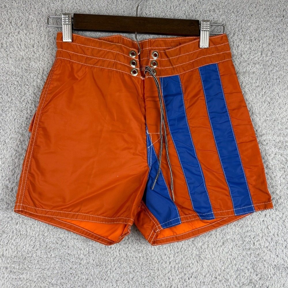 Vintage Birdwell Beach Britches Board Shorts Mens 26 Orange Blue Striped Nylon
